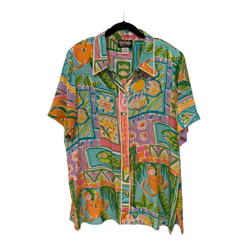 Fun Bob Mackie Wearable Art Colorful Silk Blouse Short Sleeves Vintage Sz 1X